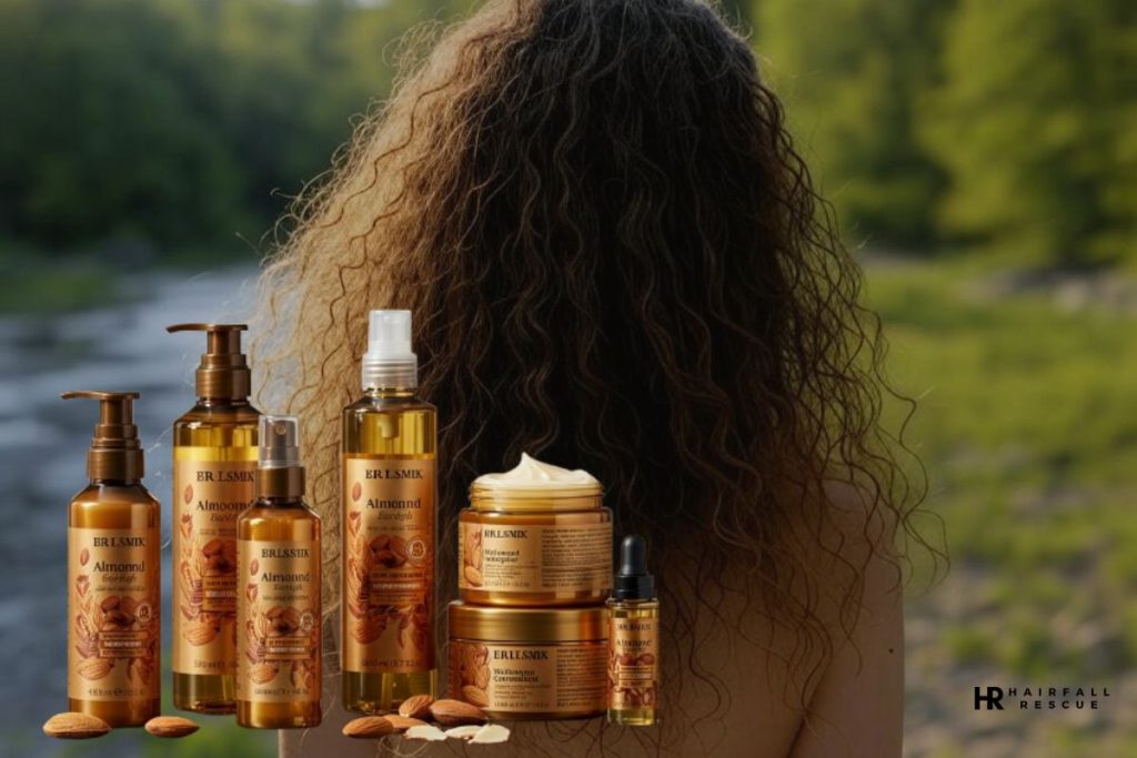 A woman with long, curly, tangled hair sits on a wooden surface in a serene landscape with a river and lush greenery in the background. To her right, a small wooden bowl filled with green olives is placed on the surface, suggesting natural hair care ingredients. The lighting is soft, with sunlight filtering through the trees, creating a peaceful and natural setting.