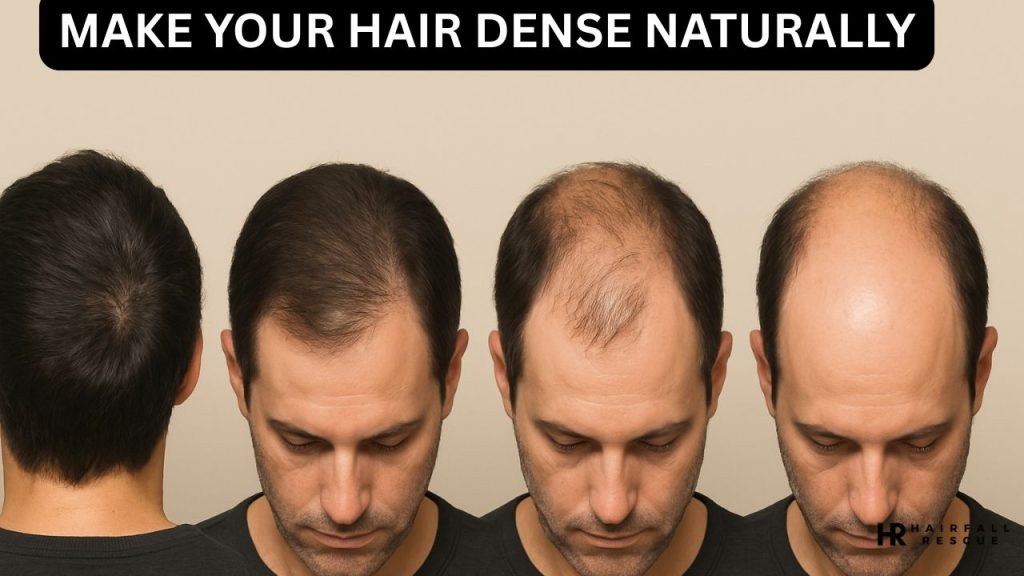 he image visually represents hair regrowth and improvement, transitioning from thin and sparse hair to thicker, fuller strands. Designed to illustrate the effects of natural hair care and hair growth treatments."
