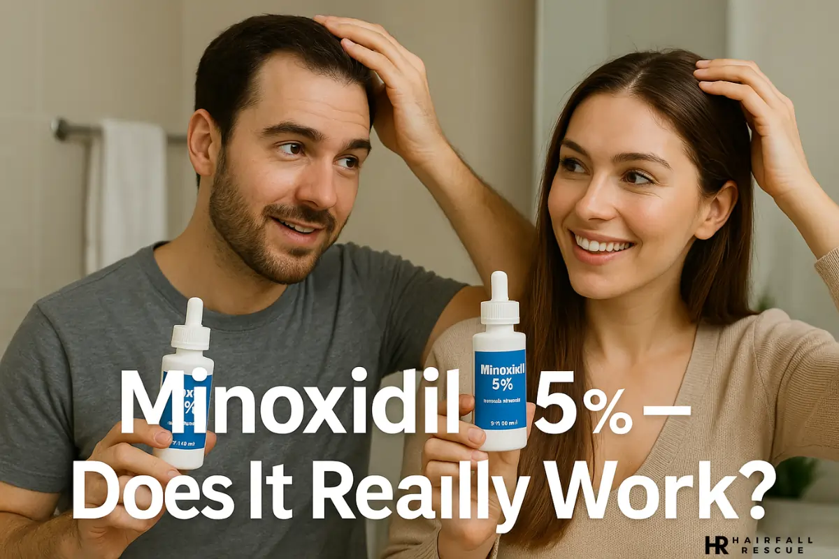 Man and woman applying Minoxidil 5% topical solution for hair regrowth — realistic photo showing both genders using Minoxidil for hair loss treatment, featuring Minoxidil 5% bottles for male and female pattern baldness.
